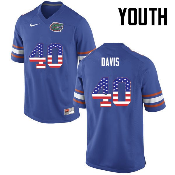 Florida Gators Youth #40 Jarrad Davis College Football Jersey USA Flag Fashion Blue